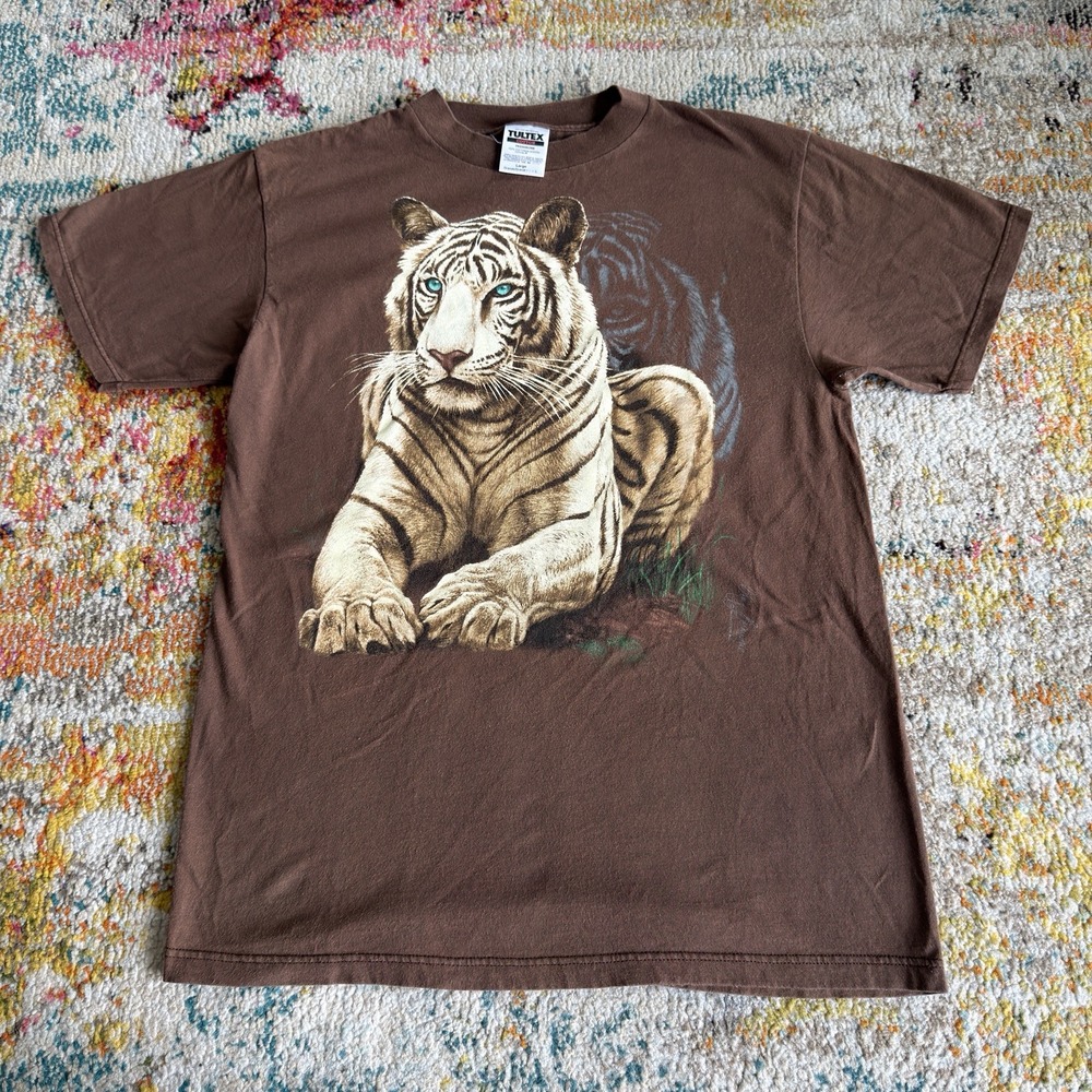 Vintage 90s White Tiger Graphic T-Shirt Mens Large Brown Tultex Cotton Tee